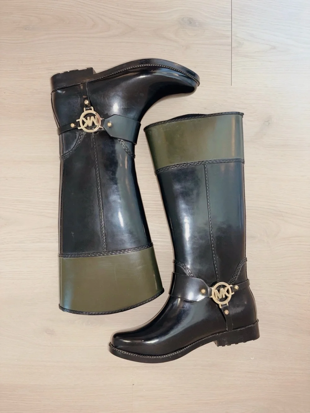 Michael Kors Fulton Harness Black Riding Boot with Olive Cuff and Gold Hardware